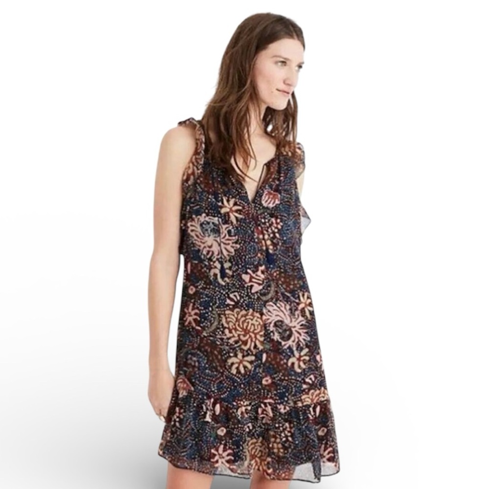 Madewell Lily Ruffle Mini Dress Sea Floral Pattern Size XS
